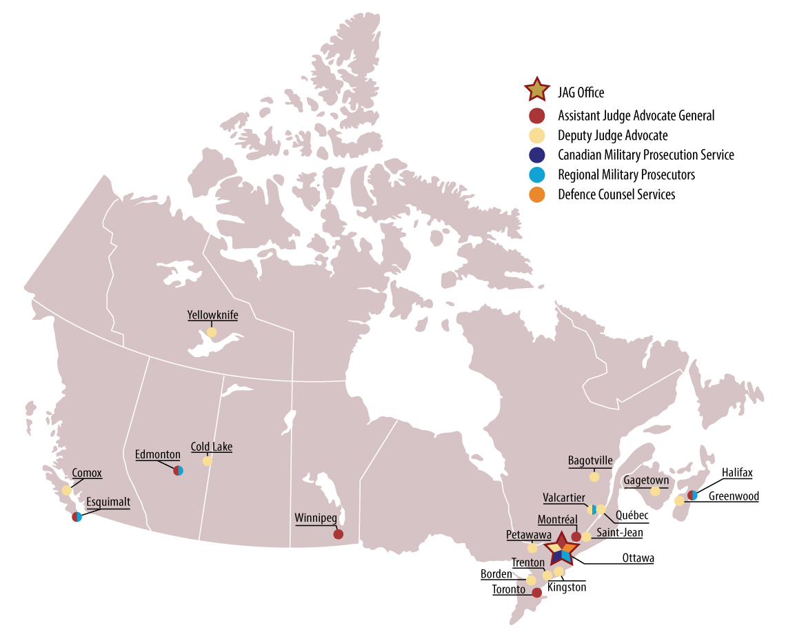 a map of all the different Canadian offices of the Office of the Judge Advocate General