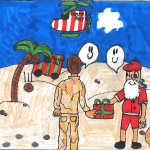 Sienna Evans (Age 12): This is Santa Clause giving out care gifts to soldiers that are away from home.