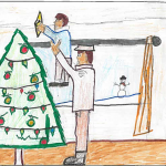 Anthony Lacasse (10 ans) : Mon dessin montre un soldat qui rentre chez lui et aide son fils à placer l’étoile au sommet de l’arbre de Noël. Même si les soldats sont des gens ordinaires qui travaillent avec acharnement pour assurer notre sécurité, ils souhaitent toujours rentrer chez eux afin de retrouver leurs proches.