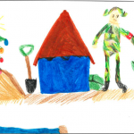 Ava Baldwin (8 ans) : C’est Noël. Il y a une inondation, un arbre de Noël et des sacs de sable pour faire face à l’inondation.