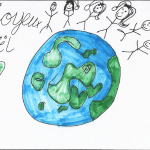 Camille Beauchesne (9): My artwork represents the earth and people who are moving to the place where Santa Claus is going on a mission.