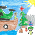 Emma Murray (10 ans) : Mon œuvre d’art montre un navire de la Marine et un hélicoptère de la Force aérienne qui atterrit sur celui-ci. Un gars place des cadeaux sous l’arbre et le père Noël se trouve dans le poste de commandement. Ils aident à répandre la joie du temps des Fêtes. Il ne faut pas oublier le bonhomme de neige.