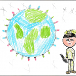 Evan Makus (9): It is a earth and a army person saving a kid and making his day.