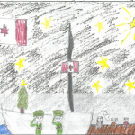 Holly Nash (10): On christmas, the soldiers run up into there ship to go to other countrys to spread their family. Once they arrive these kids wait patiently on the deck. The stars ligh up the night.