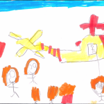 Jesse Varoy (5 ans) : Les gars font un saut en parachute, et mon papa hisse quelqu’un dans un hélicoptère. Les gars au sol sont tristes parce qu’ils sont égarés et blessés. Le drapeau flotte pour signifier : Allez Canada! Allez Canada!