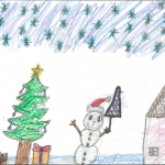 Julie Levac (10 ans) : Mon œuvre d’art montre une maison avec des fenêtres et un arbre de Noël. J’ai aussi dessiné des cadeaux sous l’arbre de Noël, de même qu’une histoire, des décorations puis des flocons de neige.