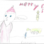 Kiril Kravtsova (8 ans) : I drew santa and a soldier waveing at Santa. *** J’ai dessiné le père Noël et un soldat qui salue le père Noël.