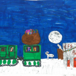 Laelynn Perrault (10): My artwork has a BV206 at Alert with a Rudolph driving and Santa relaxing. Also in the second part of the vehicle has all of santas presents he needs to deliver and also Santa is just staring at the sun setting.
