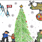 Lauren Heer (12 ans) : À gauche, j’ai dessiné un papa membre de l’Armée qui rentre chez lui à Noël pour voir son fils. À la droite, j’ai dessiné une maman membre de l’Armée qui rentre chez elle le jour de Noël pour voir sa fille. De plus, j’ai dessiné la Force aérienne qui livre les cadeaux aux enfants de militaires.