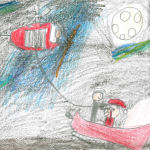 L MacDonal-Quig (11 ans) : Dans mon dessin, on voit l’équipe de sauvetage venant à la rescousse du père Noël, qui a écrasé son traîneau. C’est le milieu de la nuit et on voit la Voie lactée, de même que l’aurore boréale, en partie.