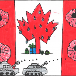 Madison Evans (10 ans) : Le dessin est fondé sur les soldats qui protègent le Canada et qui ont donné leur vie pour nous. C’est pourquoi chaque année, le 11 novembre, nous soulignons le jour du Souvenir pour nous remémorer toutes les personnes disparues pendant les guerres.