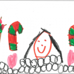 Marika Pelletier (5): An apple tree two candys cane, a cutie (the face in the middle). Lots and lots of snow balls. Two hearts for the girly touch.