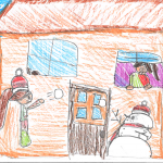 Natalie Yandon (9 ans) : Une fille et son bonhomme de neige jouent à un jeu dont l’objectif est de lancer simultanément des boules de neige tout en tentant de les attraper.