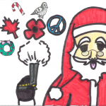 Nicholas Liu (12): The artwork shows Santa Clause holding a gun that shoots peace/christmas symbols. Santa, the candy cane and the christmas decorations represent christmas. The gun, the maple leaf, the poppy, the peace sign and the pigeon represent peace.