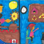 Reeghan Robichaud (11): My artwork is about that on one side you see my mother. Yeah she helps our defence team members feel better so they can help us! My dad and his crew well sometimes go on a boat. But his crew always help people or places that are in danger.