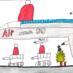 Robert Liu (8 ans) : J’ai dessiné deux chars avec des chapeaux de Noël, un arbre de Noël avec une étoile et un cadeau placé dessous. J’ai également dessiné un avion de guerre avec un chapeau de Noël.