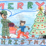Swamy Likithia (11): The boy who was building a snowman ran towards the military woman to get the present she is giving him. A man dressed as Santa who is also from the military peeking out from behind the christmas tree.