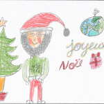 Thalie Beauchesne (10 ans) : La description de mon œuvre d’art est un père Noël. En dessous, il y a un militaire et un sapin pour montrer Noël et le personnage sur la planète représente des militaires qui partent en mission.