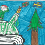 Vesper Ross (9 ans) : Mon œuvre d’art montre le père Noël qui surprend les vilains méchants, tout en remettant des cadeaux aux enfants sages.