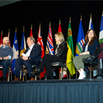 Stephen Burt, Assistant Deputy Minister (Data, Innovation, Analytics) and Chief Data Officer for National Defence (left), moderated a panel representing senior information officers, data officers and digital officers to discuss the transformation and transition of these critical roles and how they work together towards common organizational goals. On the panel were (left to right) Marc Brouillard, Chief Technology Officer, Treasury Board of Canada Secretariat, Annette Butikofer, Chief Information Officer, Canada Revenue Agency, Sandy Kyriakatos, Chief Data Officer, Employment and Social Development Canada, and Julie Leese, Chief Digital Officer, Transport Canada.