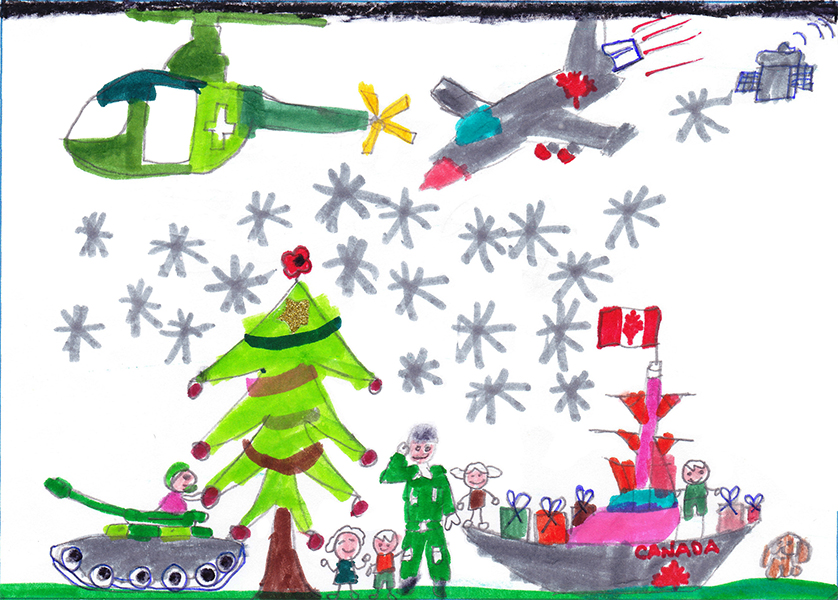 Josianne Henao Alcendra (6): My art work is about the services that the military do. They help people keep the peace in the air sea and land through Canada and the world. Thanks.