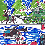 Édouard Bergeron (12): My piece represents the Army helping on the ground and in the air. Above, there are reindeer pulling a tank in a forest. Below, is Santa bringing presents in a helicopter (that looks like Rudolph).