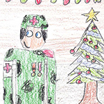 Olivier Bergeron (11): My artwork depicts a member who helps the sick, visiting sick children on this Christmas Eve, who decorates, delivers presents on his wooden sleigh. The room is decorated with a Christmas tree, candy-cane cannon that shoots candies, a small train and a snowman in the window. The member brings happiness to the sick.
