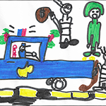 HarLynn Burnison (9): The military Police is in his car trying to catch the bad guys stealing money. The soldier is wanting to help too. And the policeman decorated his car to look pretty and make people happy. And the policeman caught them and took them to jail. His seat is a candy cane. Great job! Keep Up the Great Work!