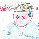 Isabelle Charbonneau (8): 1 girl is giving gifts using a riffle, Santa is flying near the boat and the dog can see him, but not the girl.