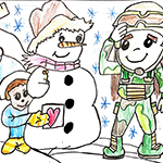 Annabelle Grenon (11): Covid-19 Heroes, military member helping the elderly at the CHSLD during the COVID-19 pandemic. A little boy is thanking the member by giving him a greeting card. The snowwoman's a symbol of his grand-mother who remains healthy and can celebrate the Holidays thanks to the Defence Team members. Thank you/Merci.