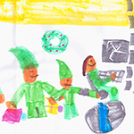Aurélie Laflamme (7): My drawing shows my mom. She's the scientist working on the computer. The elves are carrying presents. Mom is helping the elves put on their bracelet. The bracelet shows a map with those who have been good and will receive presents. They help the elves find their houses. Then, they leave the vessel by the ground door.