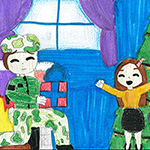 Annabelle Moreau (11) : Nom : La réunion. Sur le dessin, on voit un soldat qui est réuni avec son enfant et Ils célèbrent Leur Noël ensemble et Ils son heureux.