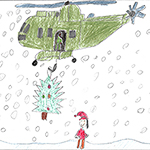 Laurel Whiteside (6) : Ça montre un hélicoptère et des soldats qui livrent un arbre de noël à une petite fille, et un bonhomme de neige sur le côté.