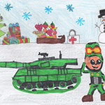 Bronwyn Ward-Hoffarth (7) : Mon dessin montre un militaire qui apporte des cadeaux et de la nourriture dans le temps de Noël.