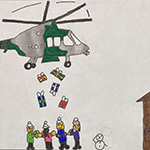 Gerard Malong (12): Helicopters dropping Christmas gifts to gifts with a snowman saluting.