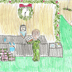 Hayley Silverson (11): In this colourful drawing there is a soldier helping the hospital with patience during covid-19. You can tell it's covid time because of the signs and masks. If you look to the right you can see a covid screening room. There is also lots of Christmas decorations!