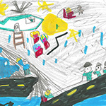 Julianna Faurbo (6) : Ce dessin représente une route endommagée de la Colombie-Britannique, après les récentes inondations. Notre Équipe de la Défense aide à sauver les résidents et à distribuer des cadeaux de Noël, y compris des gilets de sauvetage. À gauche, on voit une coulée de boue, l'hélicoptère de la Défense, et en haut à droite, le Père Noël avec son traîneau.