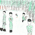 Laelynn Perreault (12): The military is planting plants near a forest, to help it grow. The military person on the far left is going to go get some water. The second person on the left is looking at a flower. The person sitting is planting a flower. The person closest to the front is getting seeds to plant the flowers. They don't have faces due to me not having enough time and not being good at drawing faces. :) They are planting flowers to help the forest grow.
