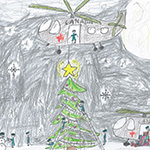 Nora McCallum (9): This picture is of soldiers decorating a Christmas tree. With a helicopter putting the star on the on the tree, and unlodding presents.
