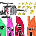 Olivia Sanford (7): Santa is jumping out of a helecopter going to put presents in the houses for the kids.