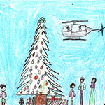 Rebeca Dempsey (11): The artwork is everyone brought a gift for the tree. On the top of the tree there is a helmet. Santa is putting music on. The helicopter is sercoling the tree.