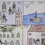 Yuvraj Chuhan (12): My artwork shows ways the search and rescue team makes a difference. The box with the soilders shoveling snow shows when the soilders went to Newfoundland and shoveled snow for the community. The picture with the soilder giving water to a kid is when they went to a refugee camp to give them food and water. The picture with the pearson on the computer is showing them during covid, they still worked online and helped people online. The picture with the submarine shows them checking the water so it is safe for us.