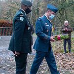 2Lt Downey joins Colonel Pierre Hache, Canadian Military Attaché in France, to lay a wreath at the Canadian Forestry Corps/ No. 2 Construction Battalion Memorial in Supt on November 10, 2021. Photo by Cpl Brad Upshall.