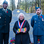 2Lt Downey and Capt Christophe Laforest-Huot of the Canadian Embassy in France present Supt Mayor Madame Evelyne Comte with a traditional Kente gift from the Black Cultural Center of Nova Scotia the Canadian Forestry Corps/ No. 2 Construction Battalion Memorial in Supt on November 10, 2021. Photo by Cpl Brad Upshall.