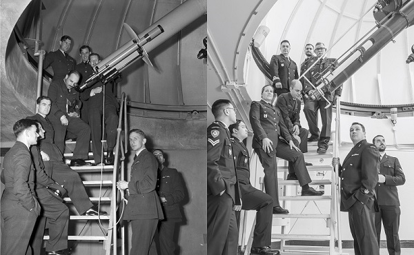 Two side by side images show military members from different eras grouped around a large telescope.