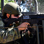 RMC team’s second in command OCdt Samuel Fortin did not miss on this stand. He pauses before squeezing the trigger of the FX-05 “Firesnake”, with the remainder of the team’s rifles in the background engaging targets out to 350 metres.