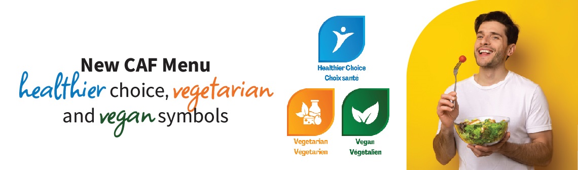 Man eating salad beside Canadian Armed Forces healthy menu icons.