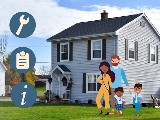 A single-family home. Icons of a wrench, a clipboard and an italic “i” are on the left, while a graphic of a family is on the right.