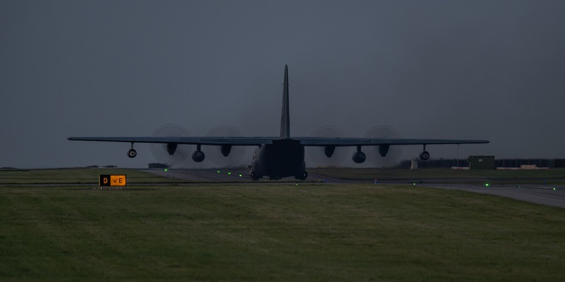 A RCAF CC-130HT Hercules takes off for an air-to-air refueling mission