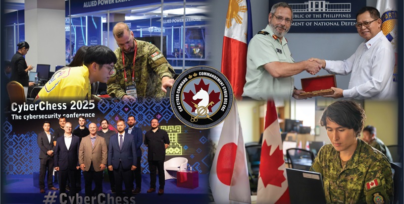 A collage highlighting CAFCYBERCOM’s 2025 international engagements. The CAFCYBERCOM logo appears prominently in the centre.